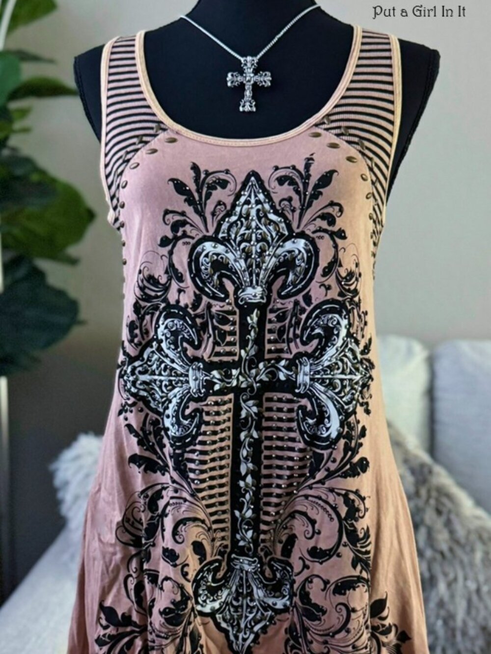 Vocal Apparel Women's Crystal Studded Taupe Peach Cross Hi Low Tunic Shirt S M L